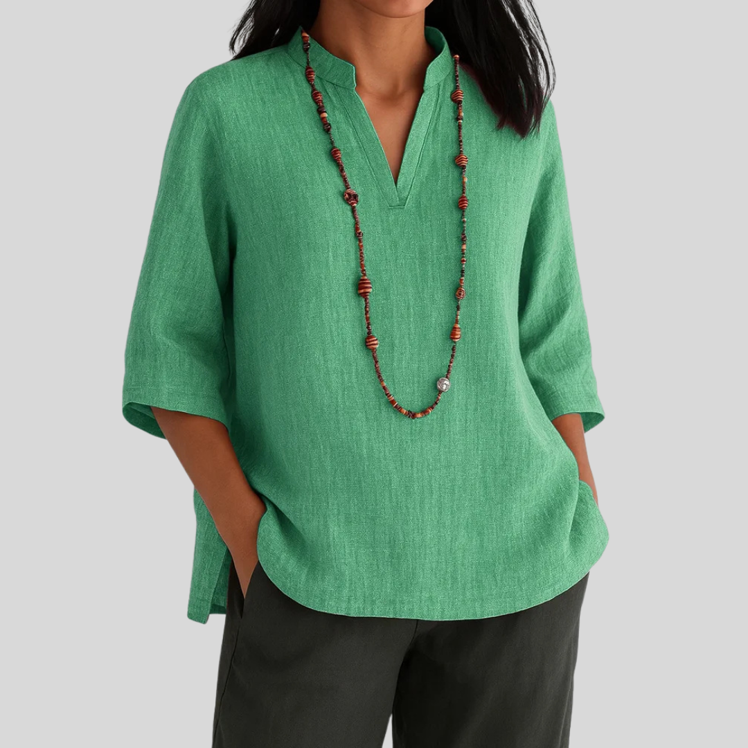 Women's Quarter Sleeve Top | Notched Collar, Curved Split Hem
