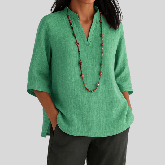 Women's Quarter Sleeve Top | Notched Collar, Curved Split Hem