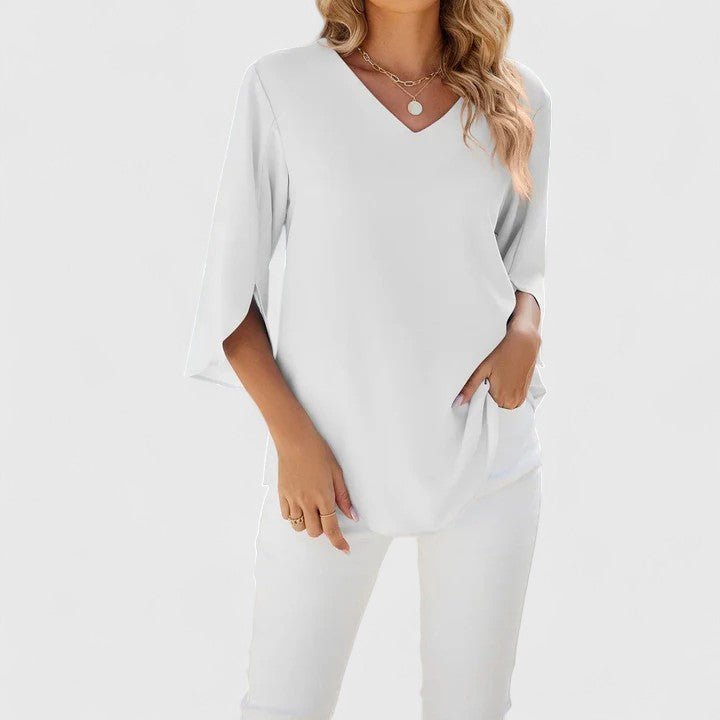 Women's Quarter Sleeve Top | Ruffle V Neckline, Split Cuffs