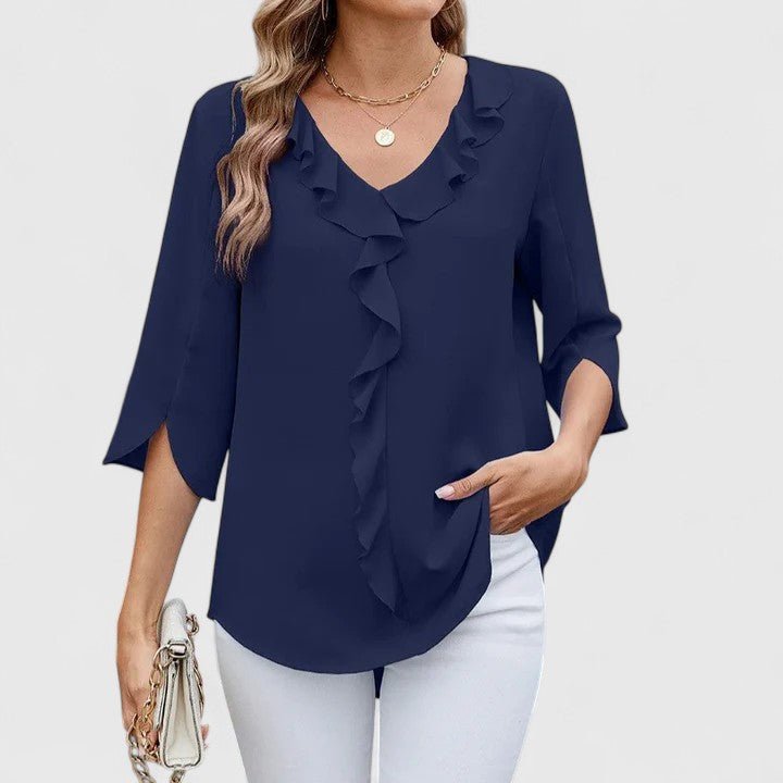 Women's Quarter Sleeve Top | Ruffle V Neckline, Split Cuffs