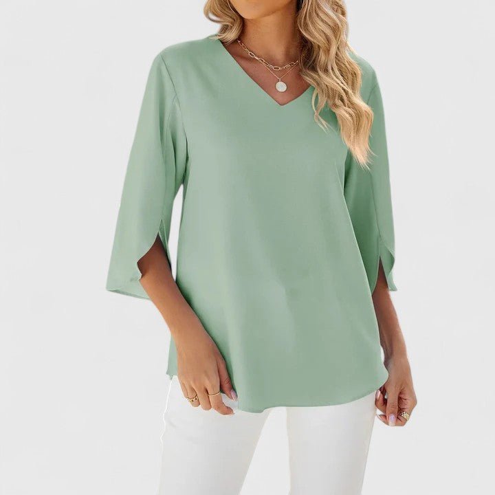 Women's Quarter Sleeve Top | Ruffle V Neckline, Split Cuffs