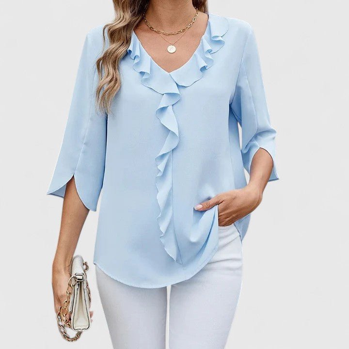 Women's Quarter Sleeve Top | Ruffle V Neckline, Split Cuffs