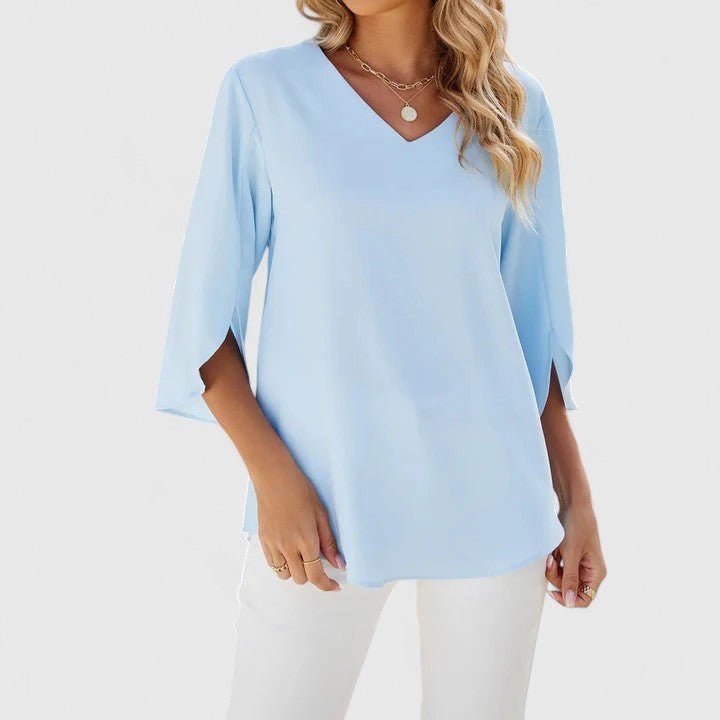 Women's Quarter Sleeve Top | Ruffle V Neckline, Split Cuffs