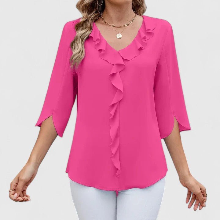Women's Quarter Sleeve Top | Ruffle V Neckline, Split Cuffs