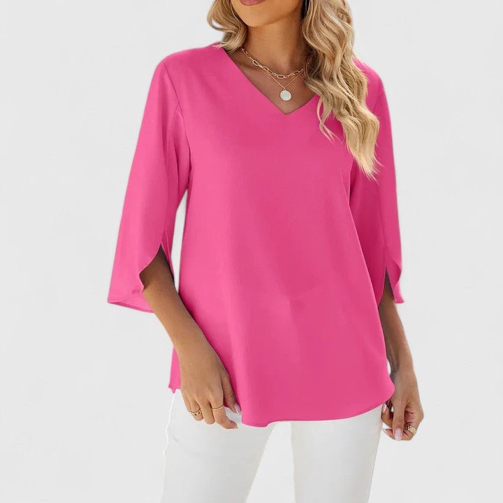 Women's Quarter Sleeve Top | Ruffle V Neckline, Split Cuffs