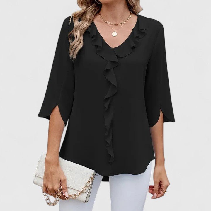 Women's Quarter Sleeve Top | Ruffle V Neckline, Split Cuffs