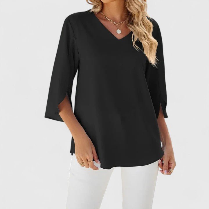 Women's Quarter Sleeve Top | Ruffle V Neckline, Split Cuffs