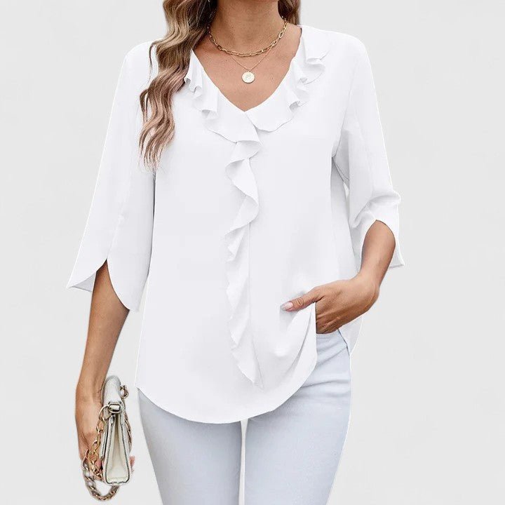 Women's Quarter Sleeve Top | Ruffle V Neckline, Split Cuffs