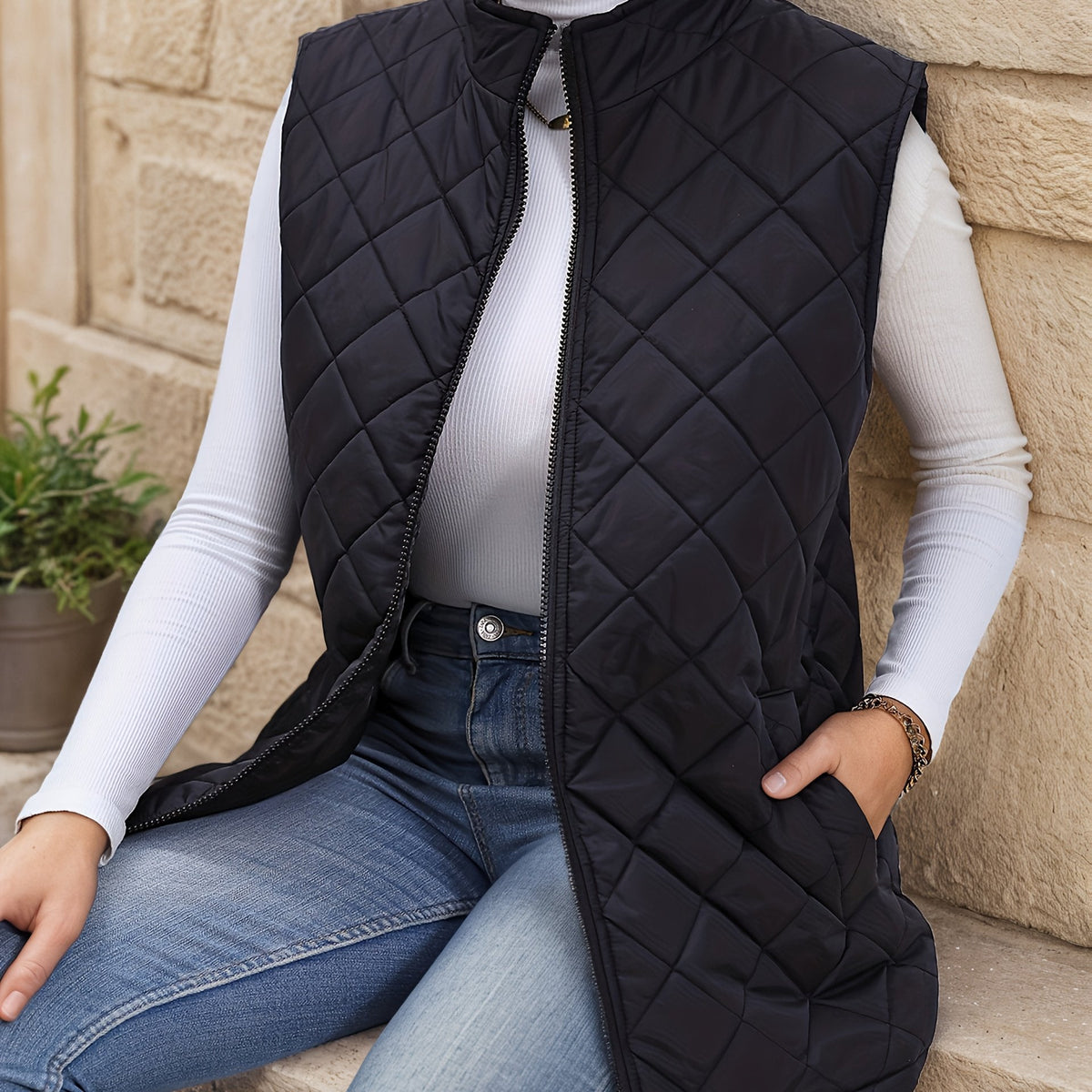 Women's Quilted Gilet | Longline & Zip Front
