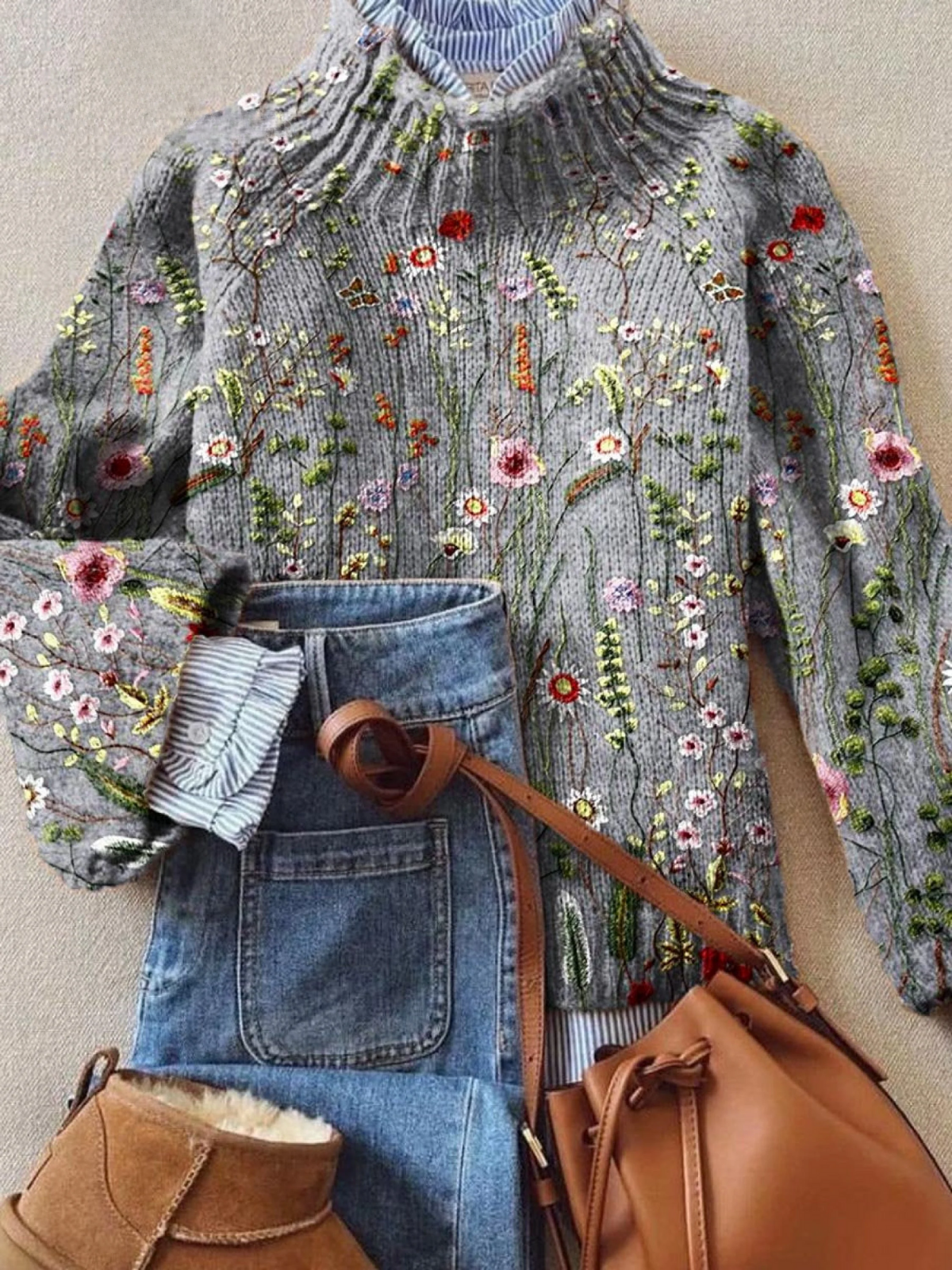 Women's Ribbed Knit Sweater | Floral Embroidered Design