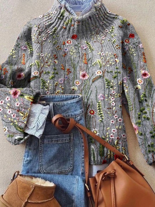 Women's Ribbed Knit Sweater | Floral Embroidered Design