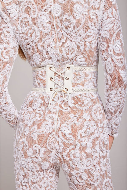 Women's Sequin Lace Long Sleeve Jumpsuit | Sheer Accents & Flared Trousers for Parties