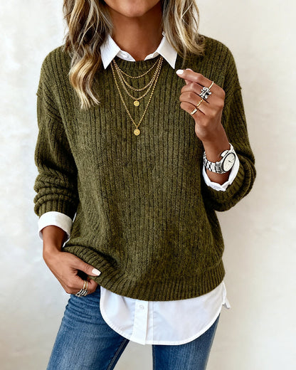 Women's Shirt Collar Sweater | Layered Patchwork Design