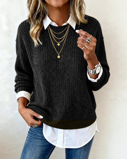 Women's Shirt Collar Sweater | Layered Patchwork Design