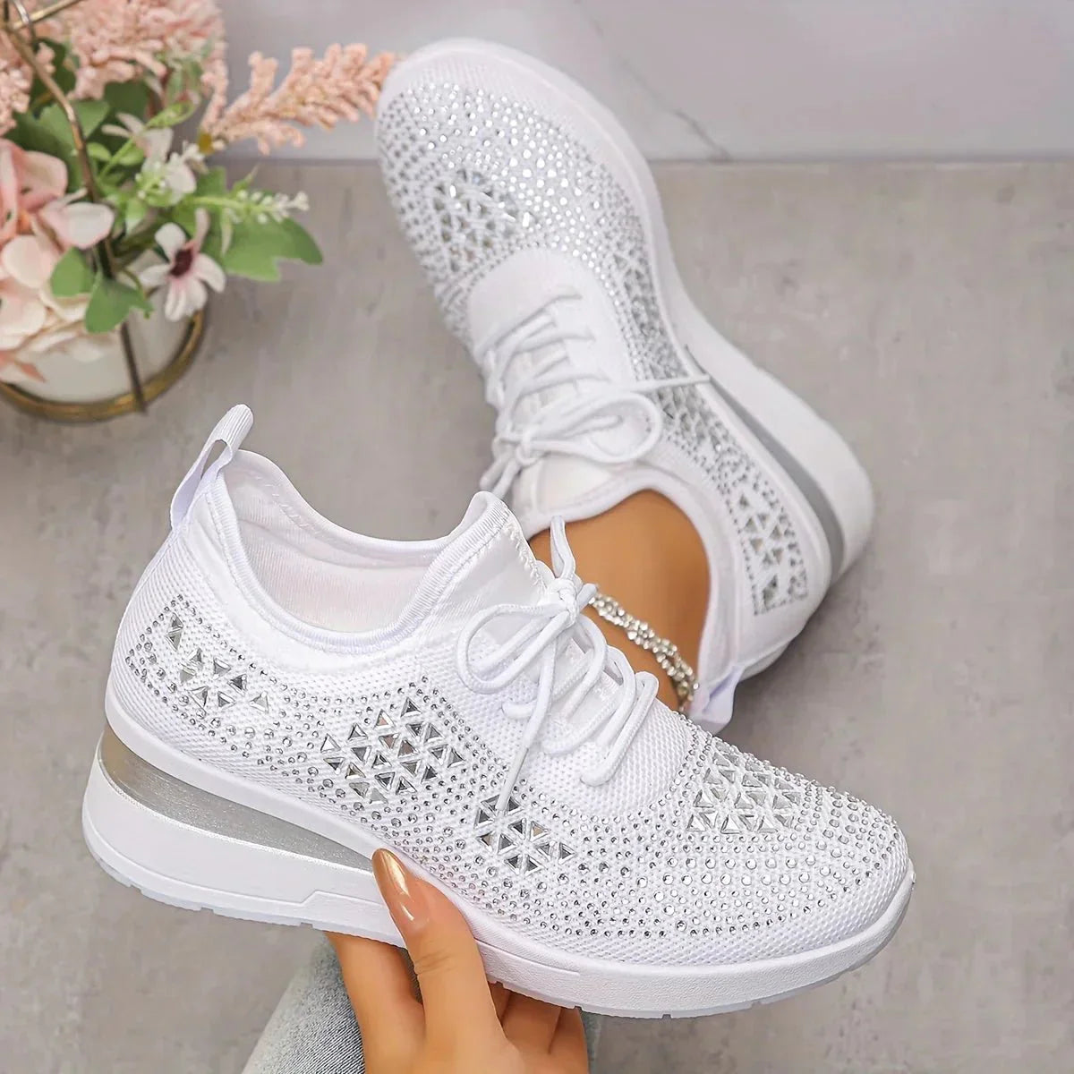 Women's Sneakers | Crystal Studded Upper, Hidden Wedge Sole