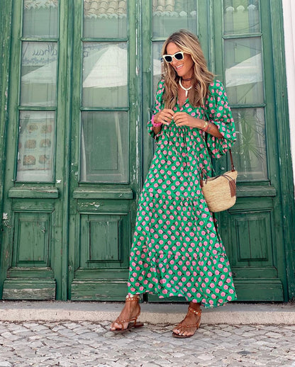 Women's Summer Long Dress | Printed Maxi V-Neck Design