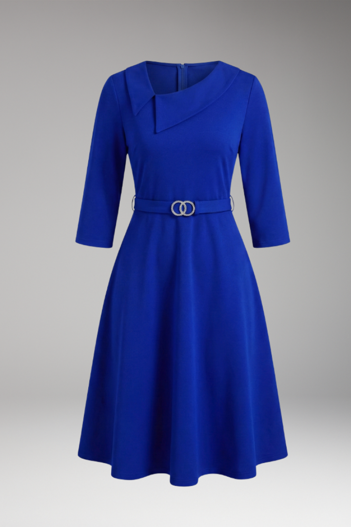 Women's Summer Midi Dress | Asymmetric Neckline & Belted Waist 3/4 Sleeve