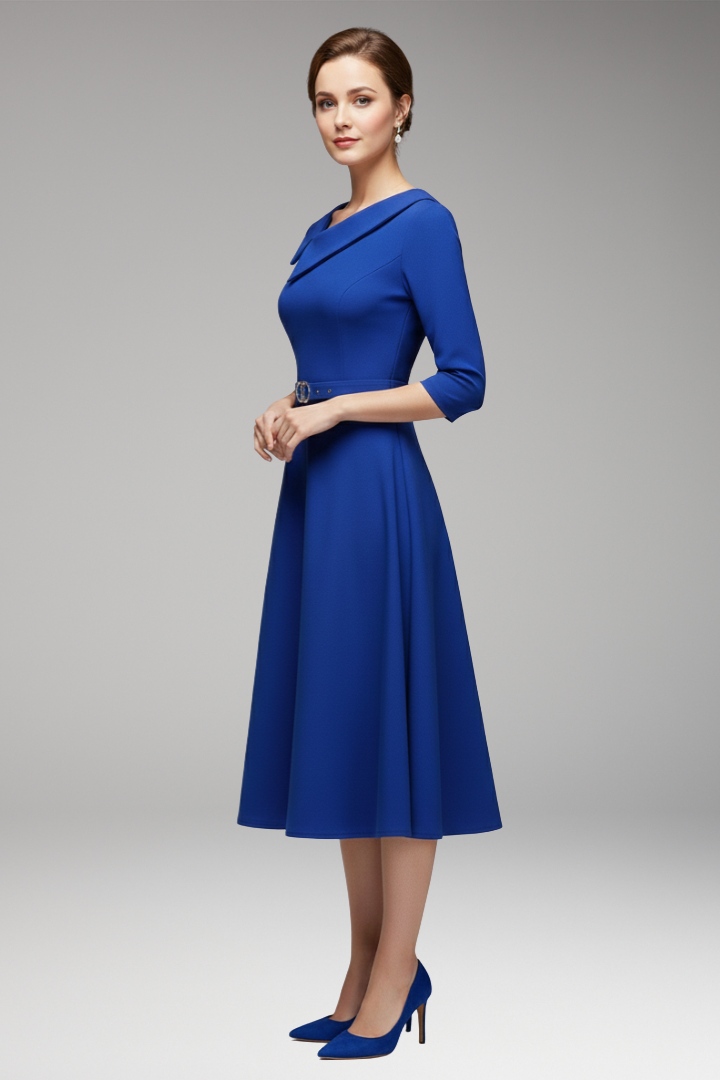 Women's Summer Midi Dress | Asymmetric Neckline & Belted Waist 3/4 Sleeve