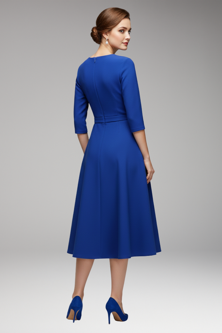 Women's Summer Midi Dress | Asymmetric Neckline & Belted Waist 3/4 Sleeve
