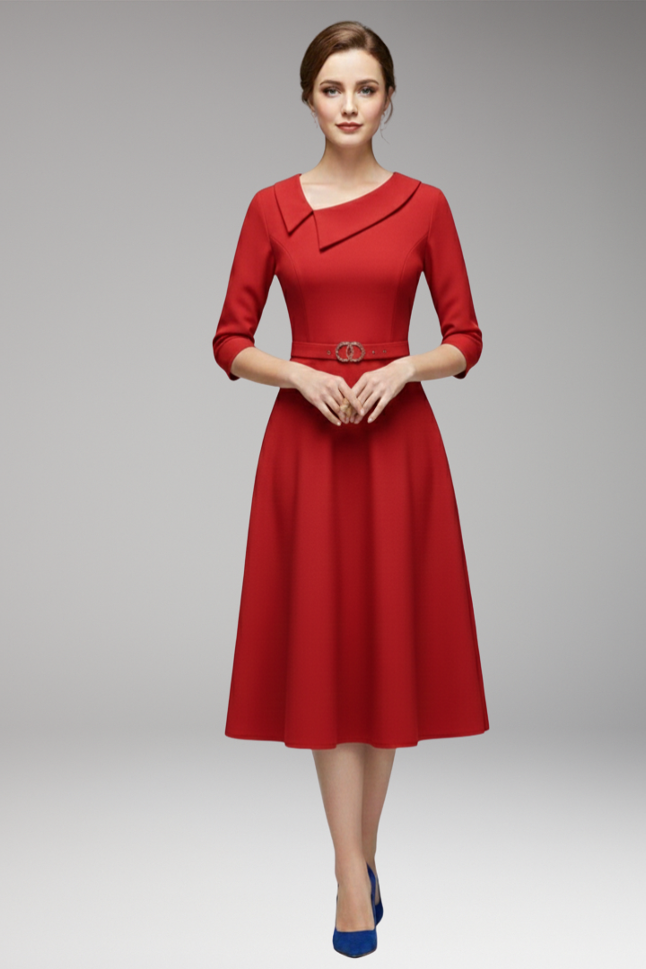 Women's Summer Midi Dress | Asymmetric Neckline & Belted Waist 3/4 Sleeve
