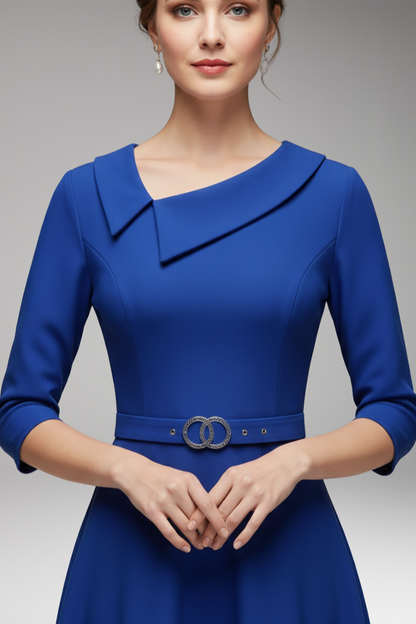 Women's Summer Midi Dress | Asymmetric Neckline & Belted Waist 3/4 Sleeve