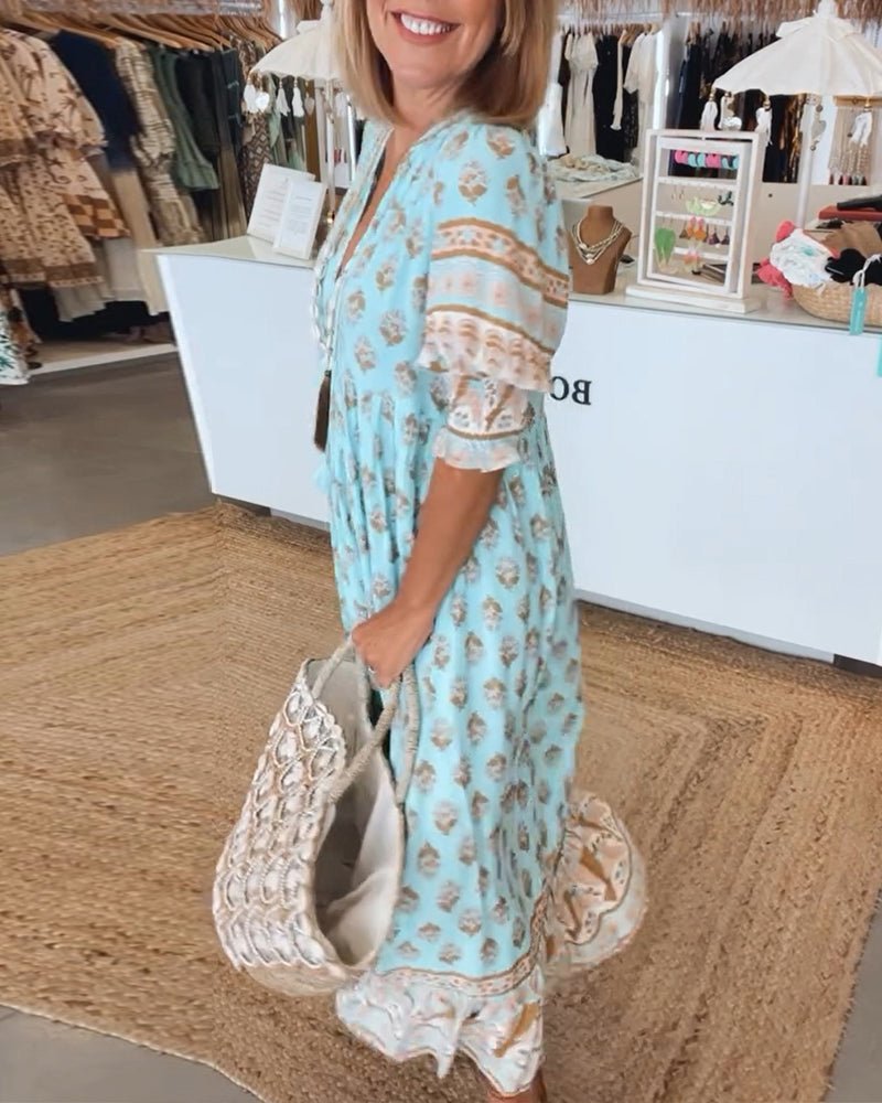 Women's Summer Midi Dress | Boho Print & Tassel Tie Flowing Style