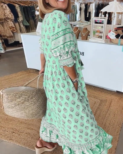 Women's Summer Midi Dress | Boho Print & Tassel Tie Flowing Style