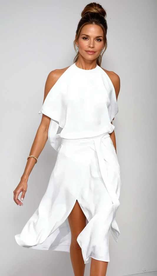 Women's Summer Midi Dress | Cold Shoulder Halterneck Design