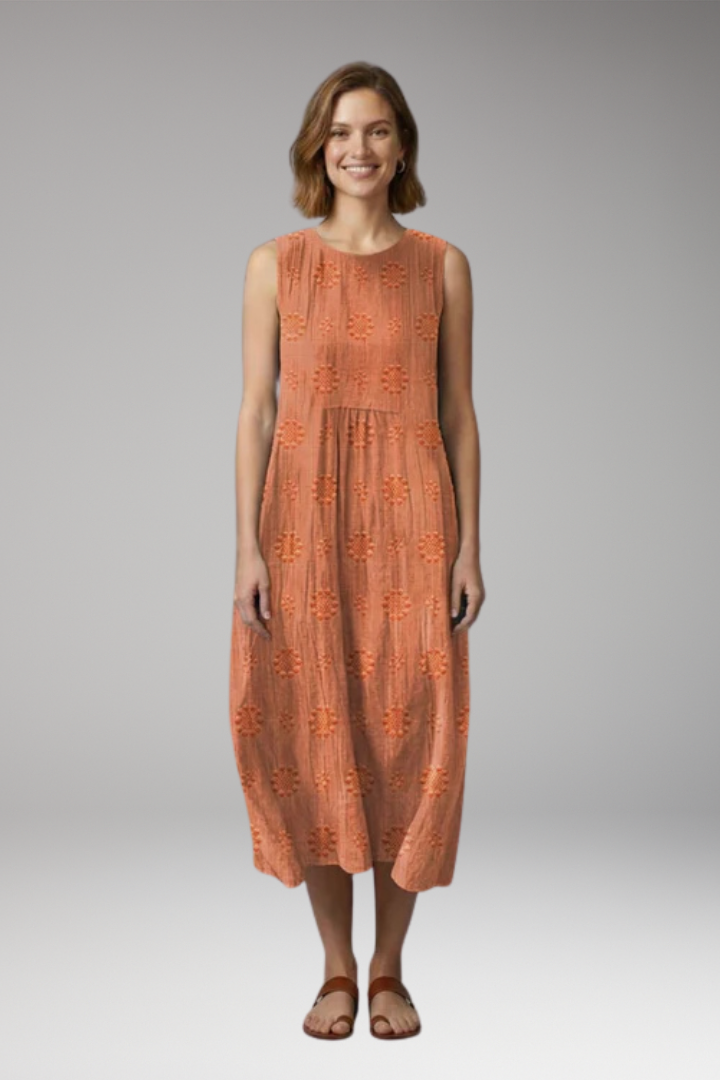 Women's Summer Midi Dress | Floral Embroidery Round Neck & Pockets