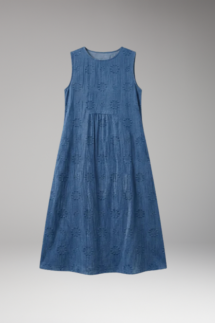 Women's Summer Midi Dress | Floral Embroidery Round Neck & Pockets
