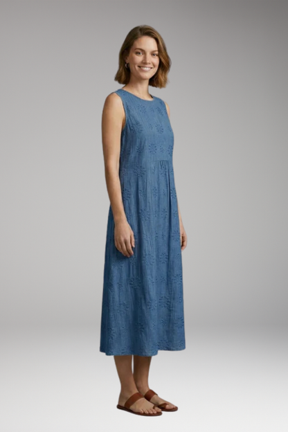 Women's Summer Midi Dress | Floral Embroidery Round Neck & Pockets