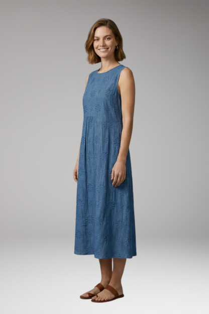 Women's Summer Midi Dress | Floral Embroidery Round Neck & Pockets