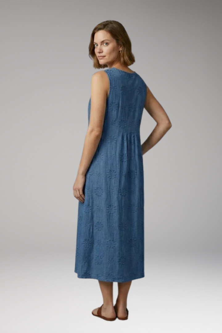 Women's Summer Midi Dress | Floral Embroidery Round Neck & Pockets