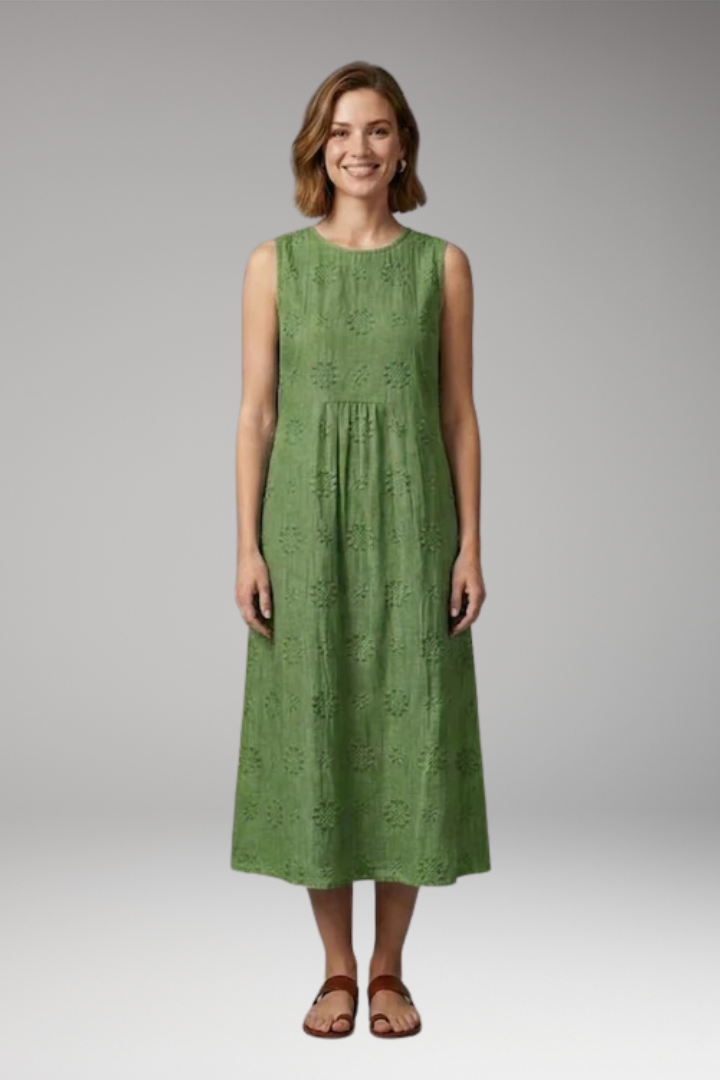 Women's Summer Midi Dress | Floral Embroidery Round Neck & Pockets