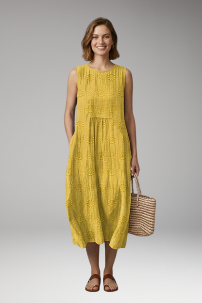 Women's Summer Midi Dress | Floral Embroidery Round Neck & Pockets