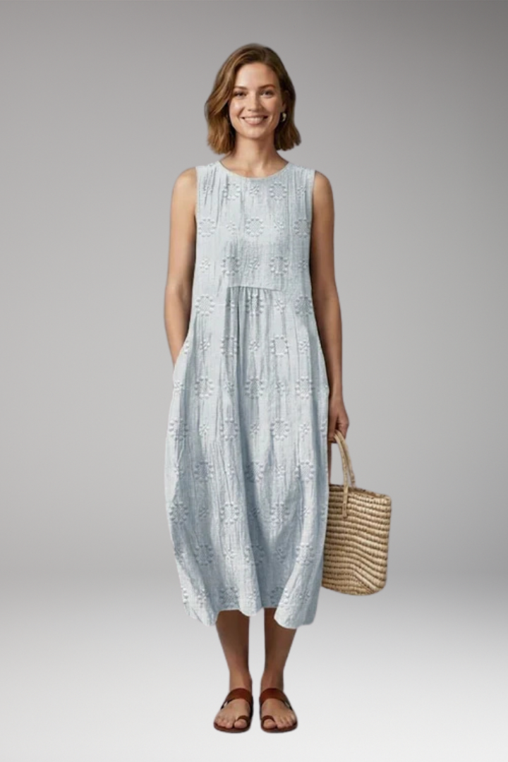 Women's Summer Midi Dress | Floral Embroidery Round Neck & Pockets