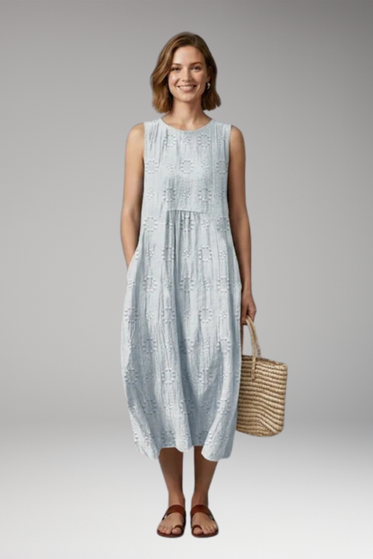 Women's Summer Midi Dress | Floral Embroidery Round Neck & Pockets