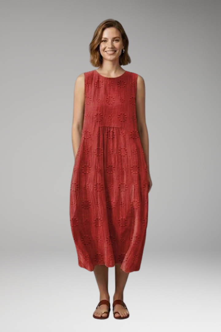 Women's Summer Midi Dress | Floral Embroidery Round Neck & Pockets