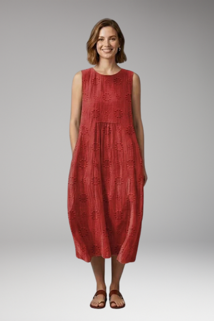 Women's Summer Midi Dress | Floral Embroidery Round Neck & Pockets