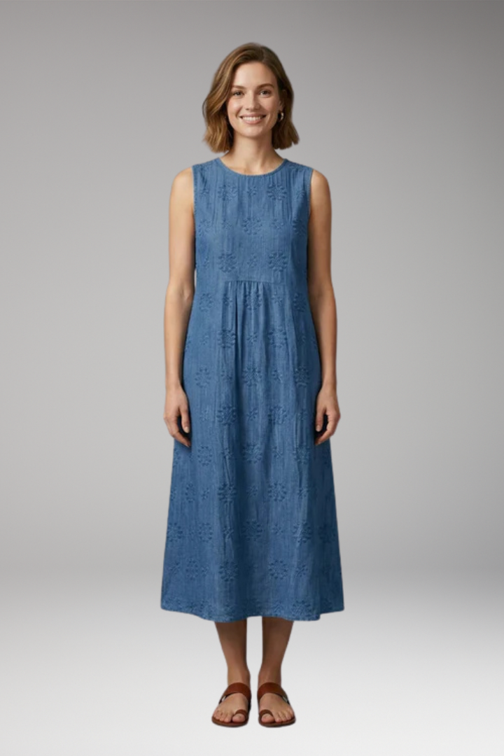 Women's Summer Midi Dress | Floral Embroidery Round Neck & Pockets