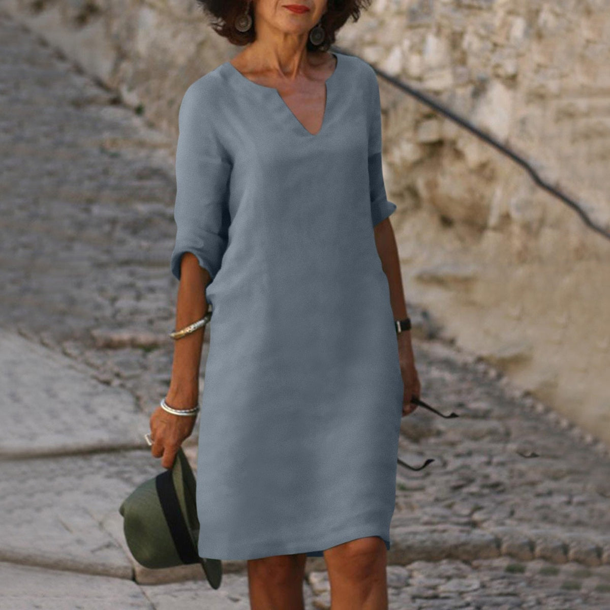 Women's Summer Midi Dress | Linen V-Neck Shift Dress with Pockets