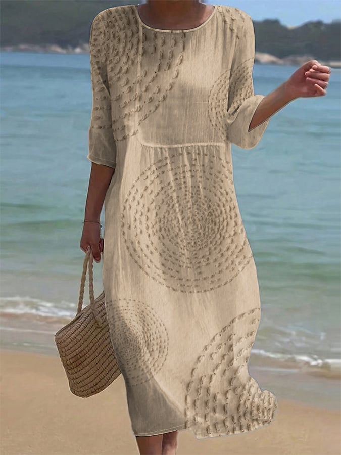 Women's Summer Midi Dress | Round Neck & Three-Quarter Sleeve