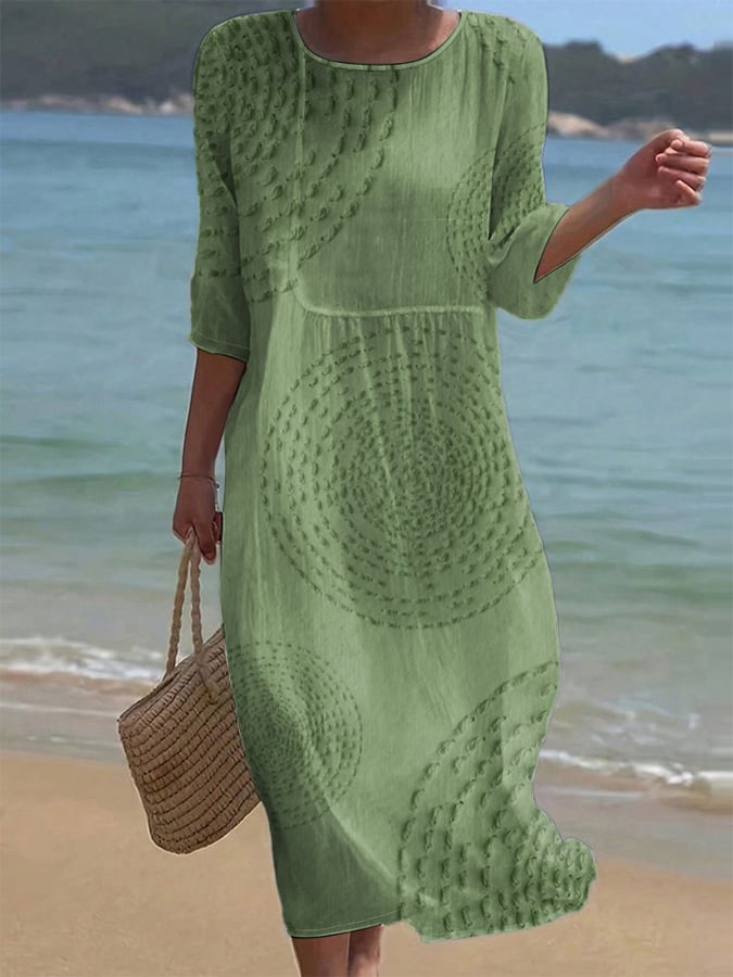 Women's Summer Midi Dress | Round Neck & Three-Quarter Sleeve