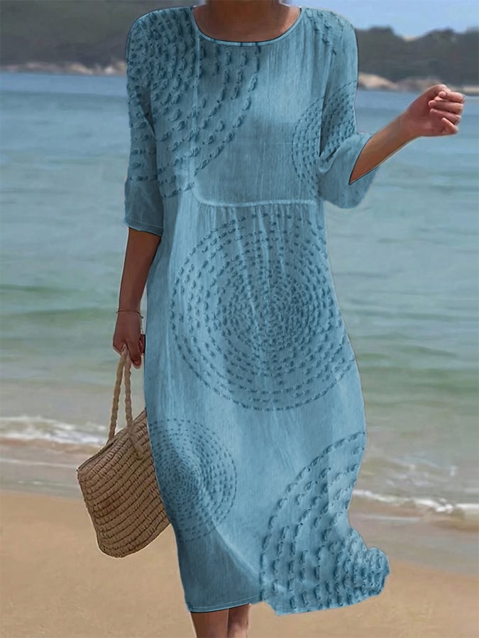 Women's Summer Midi Dress | Round Neck & Three-Quarter Sleeve