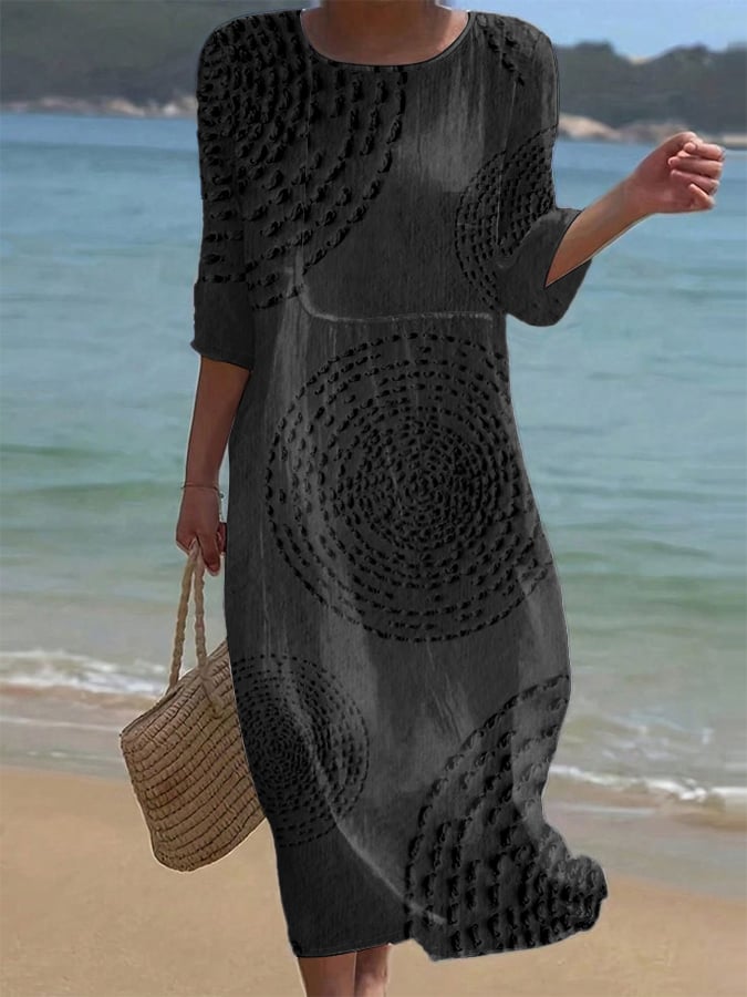 Women's Summer Midi Dress | Round Neck & Three-Quarter Sleeve