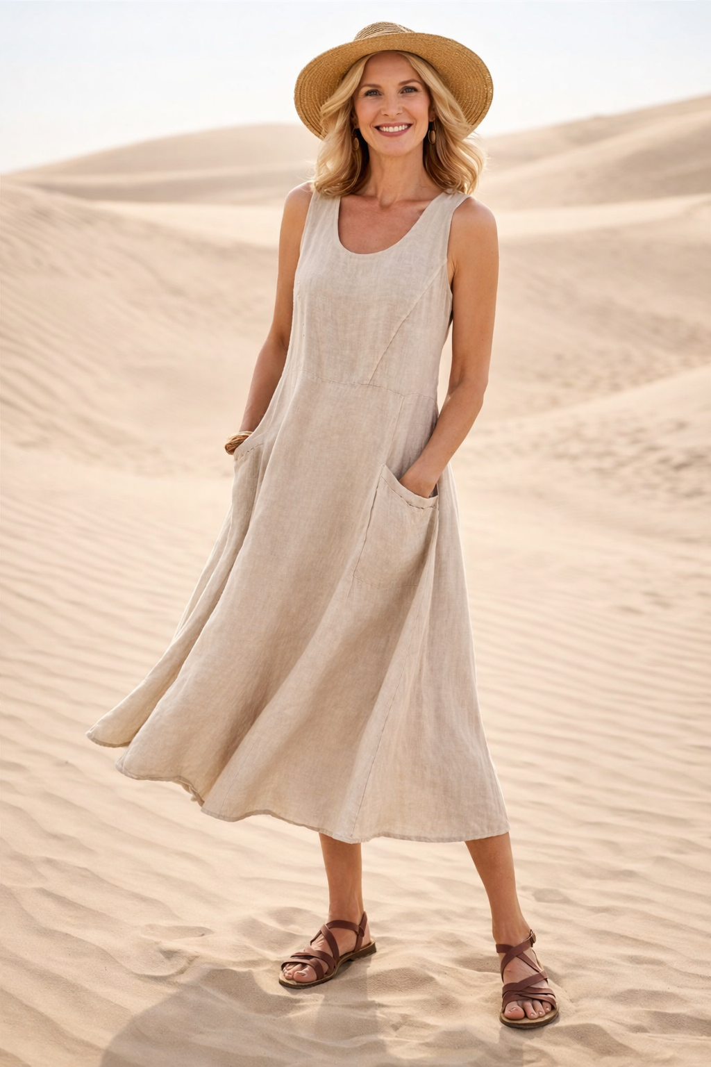 Women's Summer Midi Dress | Sleeveless A-Line with Pockets