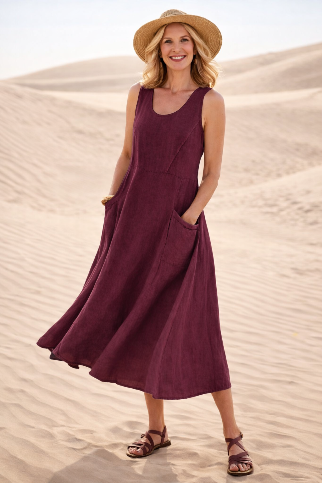 Women's Summer Midi Dress | Sleeveless A-Line with Pockets