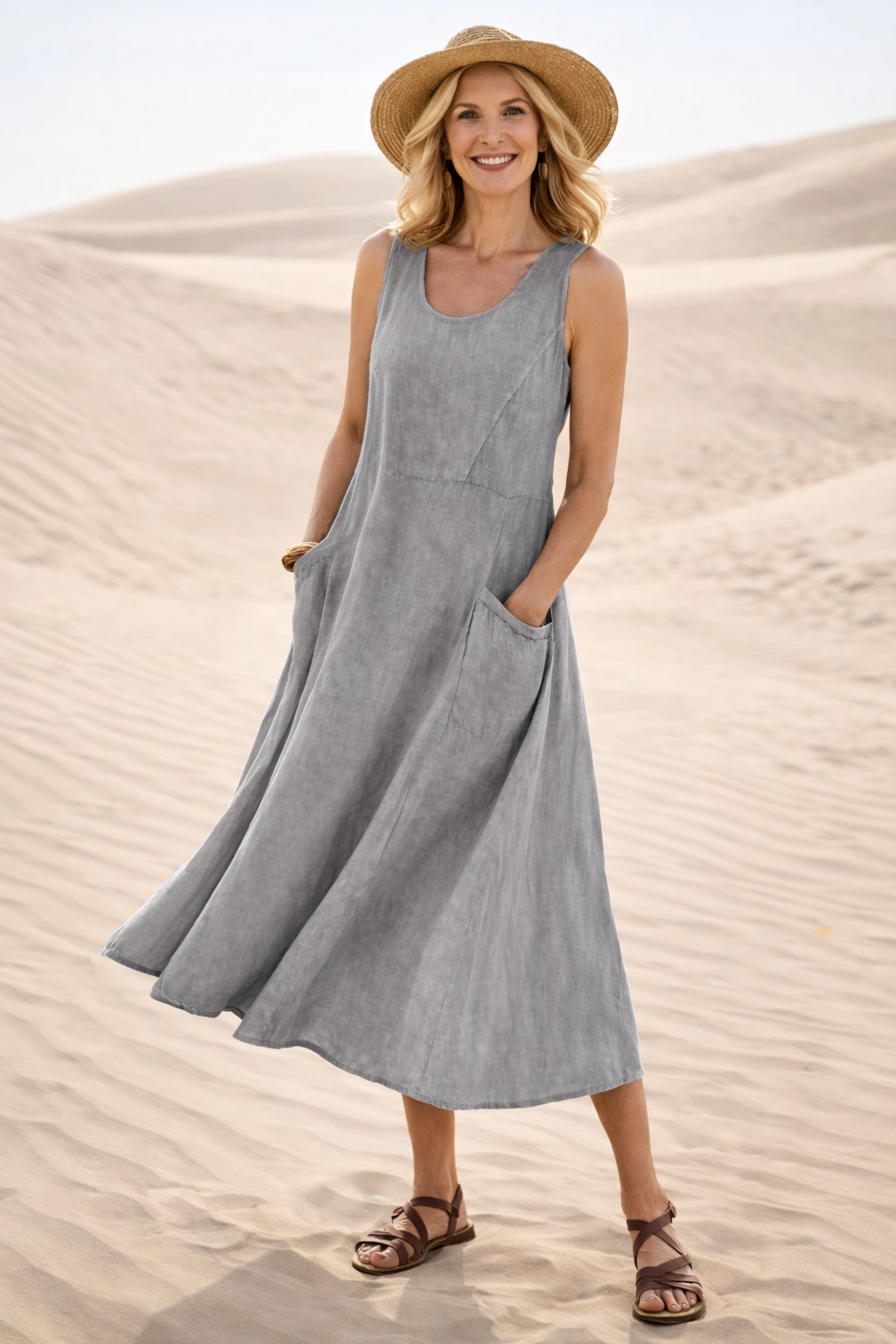 Women's Summer Midi Dress | Sleeveless A-Line with Pockets