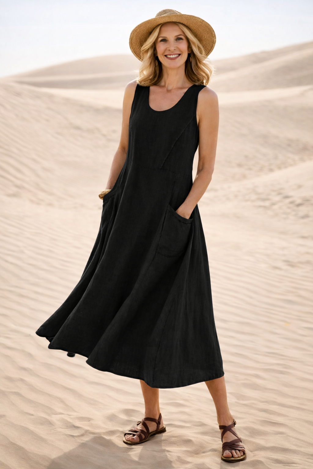 Women's Summer Midi Dress | Sleeveless A-Line with Pockets