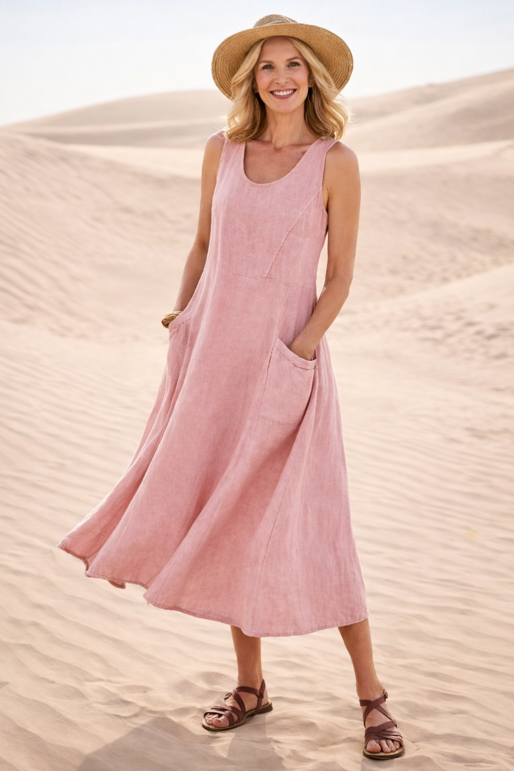 Women's Summer Midi Dress | Sleeveless A-Line with Pockets